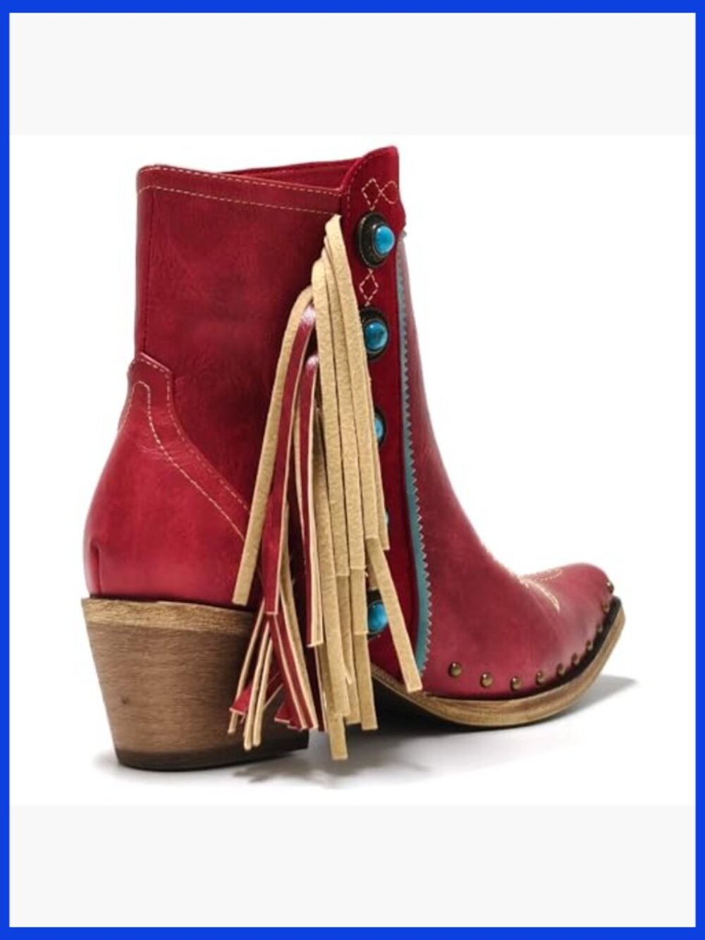 Fringe Studded Cowgirl Ankle Booties with Turquoise Stones - Picture 6 of 7